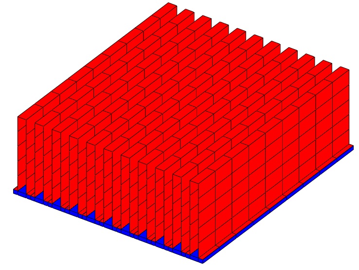 Convoluted finned heat sink showing mesh and colored by properties