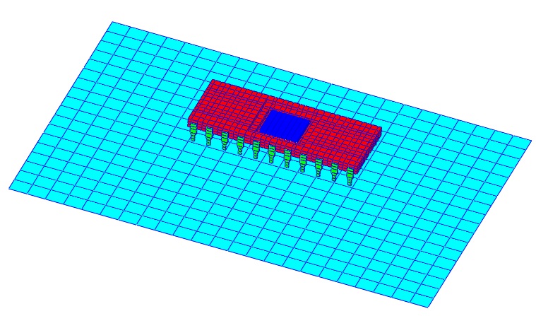 A detailed model of a Dual-inline-Package (DIP) mounted to a simple representation of a printed circuit board (PCB).